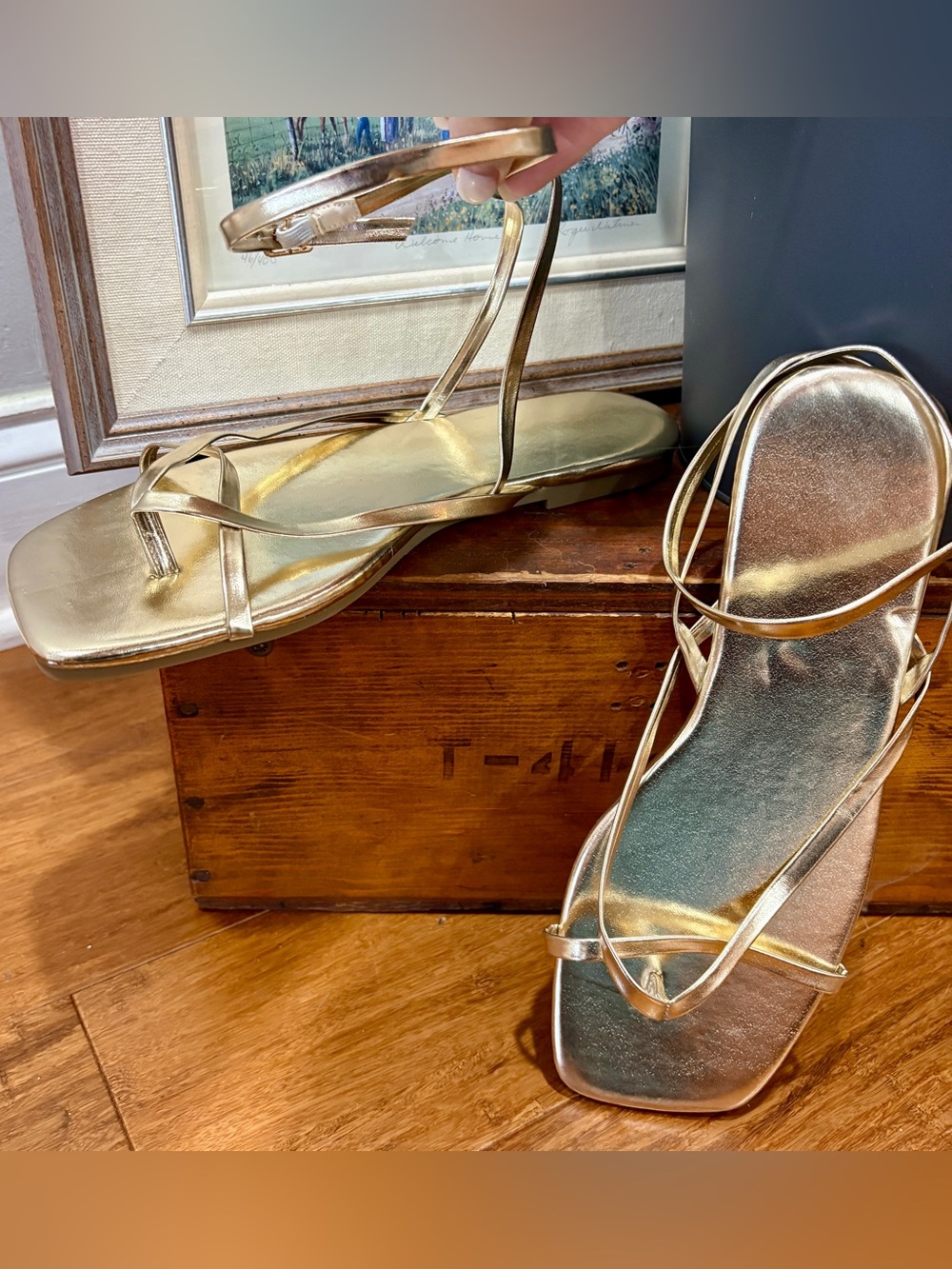 Shein New! Sandals Metallic Gold Strappy Ankle Wrap Strap Summer Gladiator 7.5 - Picture 2 of 6